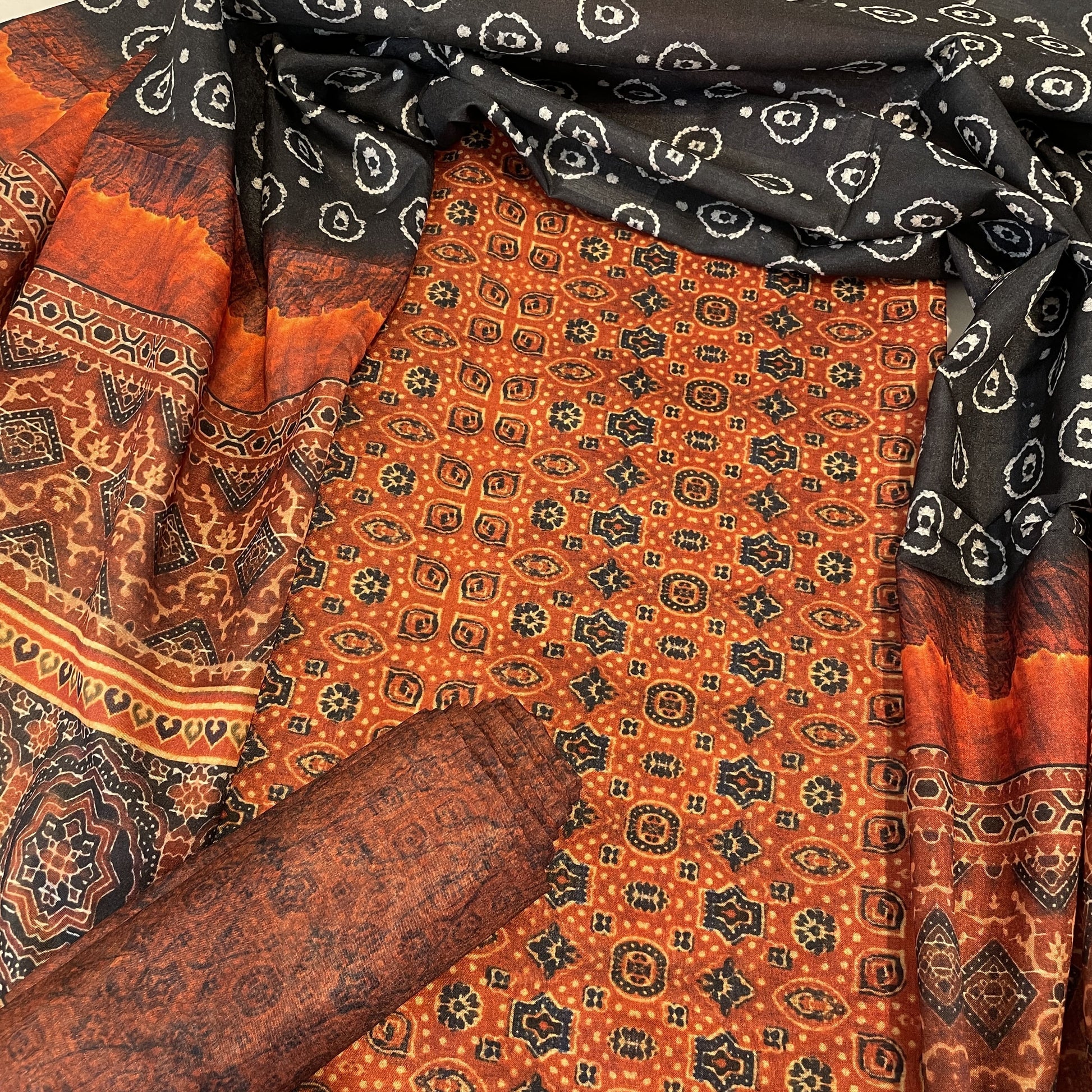 Classic Brown Black Ajrakh Print  Manipuri Silk Suit Set With Dupatta