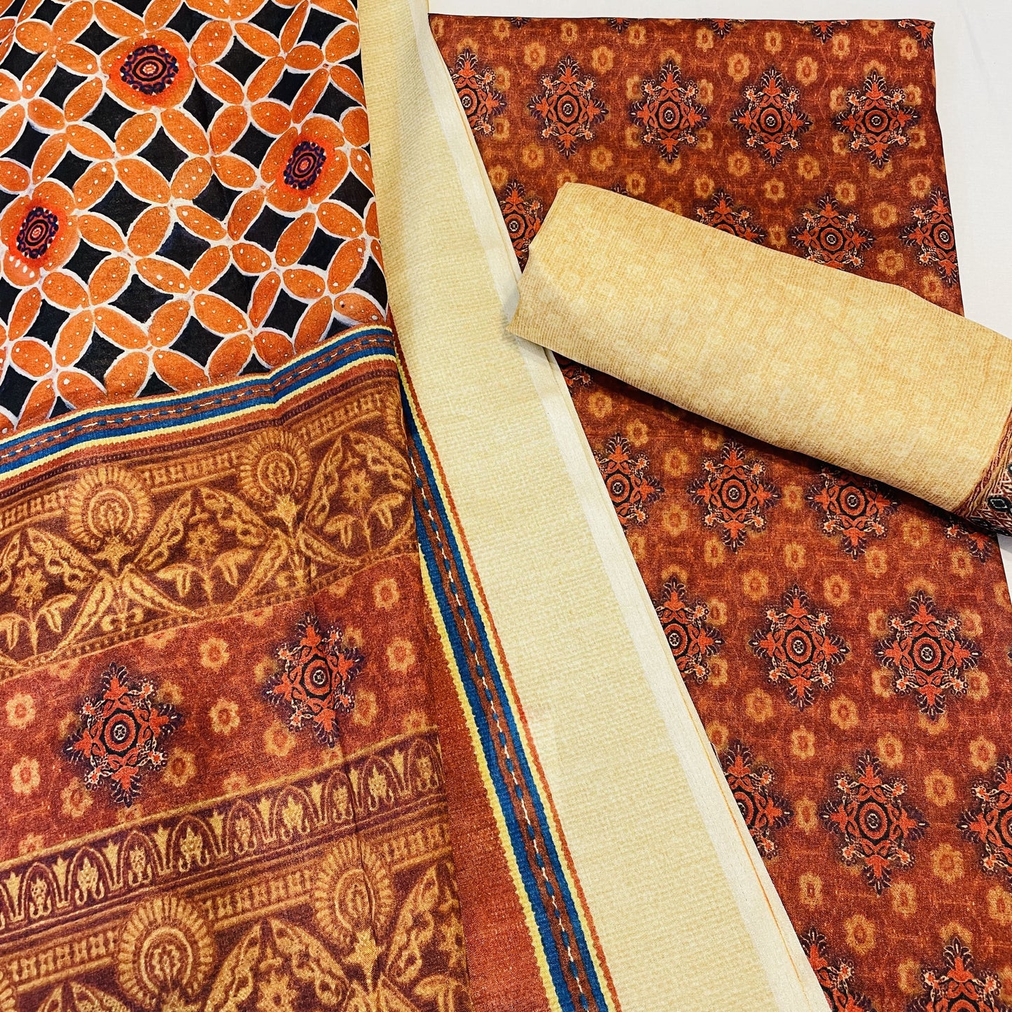 Classic Cream Brown Ajrakh Print  Manipuri Silk Suit Set With Dupatta