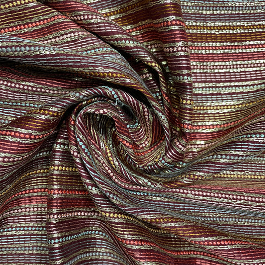 Maroon & Multicolor Stripe Foil Thread Embroidery Silk Fabric
