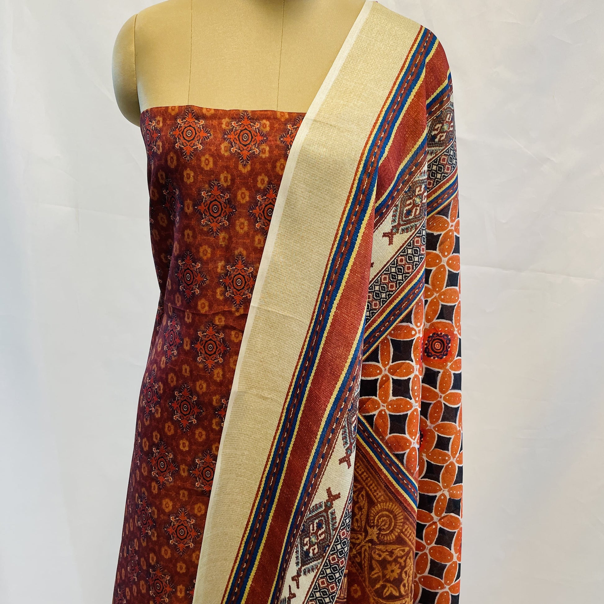 Classic Cream Brown Ajrakh Print  Manipuri Silk Suit Set With Dupatta