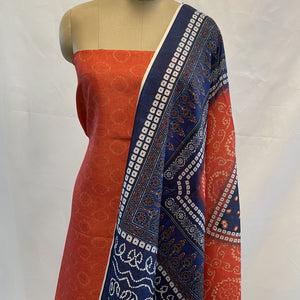 Classic Red Blue Bandhani Print  Manipuri Silk Suit Set With Dupatta