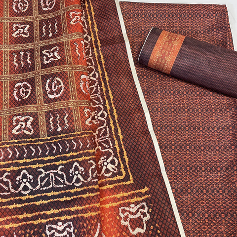 Classic Brown Bandhani Print  Manipuri Silk Suit Set With Dupatta