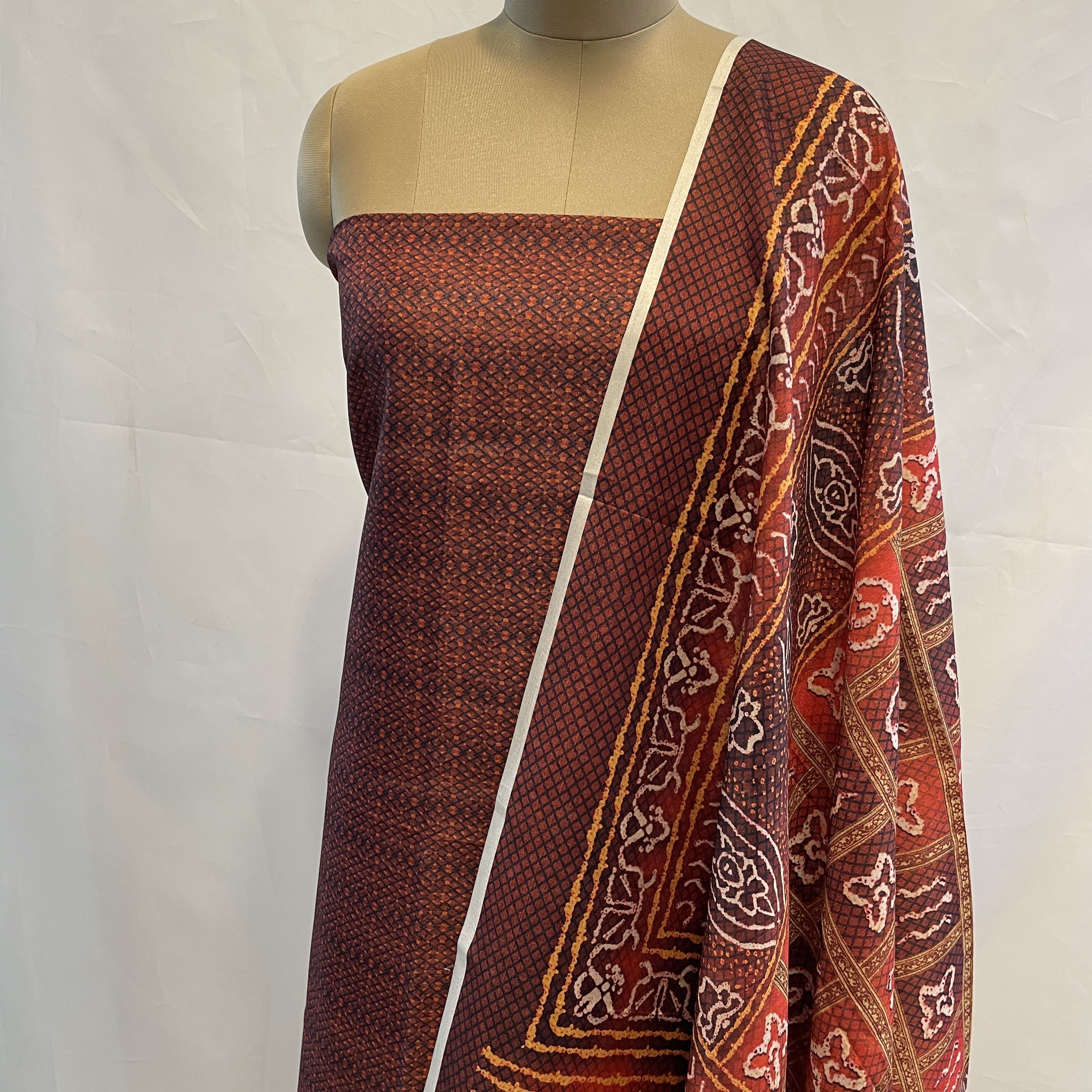 Classic Brown Bandhani Print  Manipuri Silk Suit Set With Dupatta