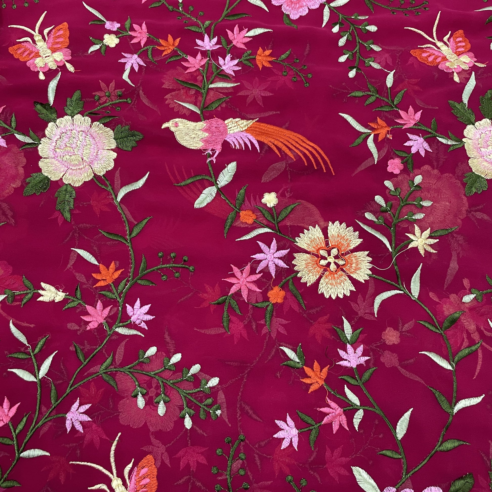 Classic Maroon Parsi Gara Embroidery Georgette Fabric