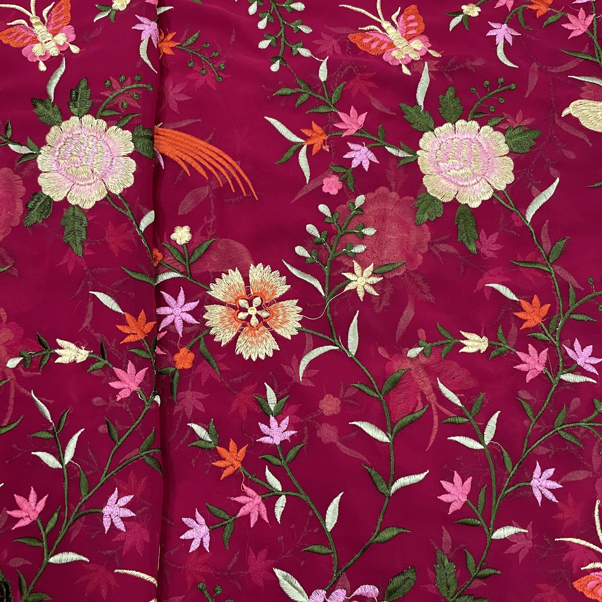Classic Maroon Parsi Gara Embroidery Georgette Fabric