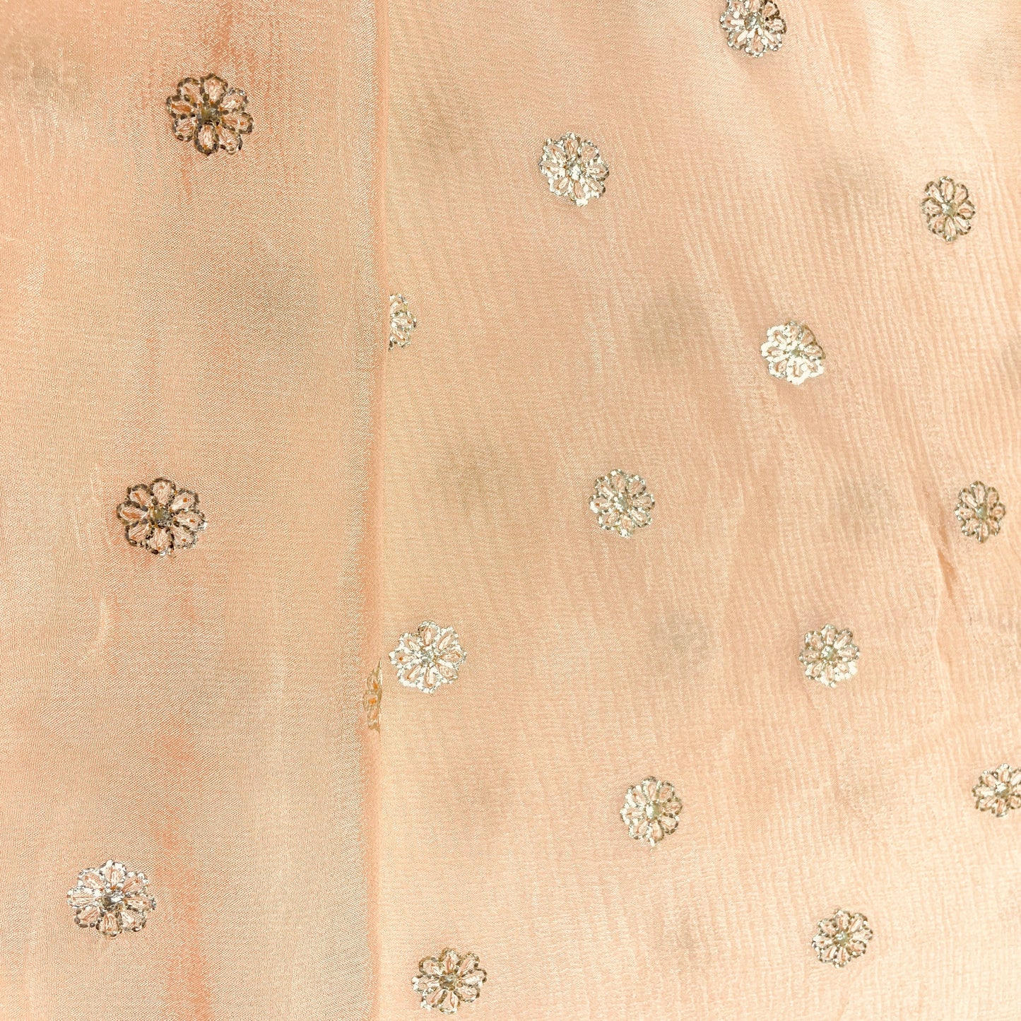 Salmon Pink & Silver Floral Sequence Thread Embroidery Chinnon Fabric - TradeUNO