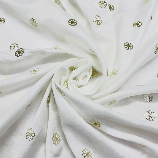White & Silver Floral Sequence Thread Embroidery Chinnon Fabric