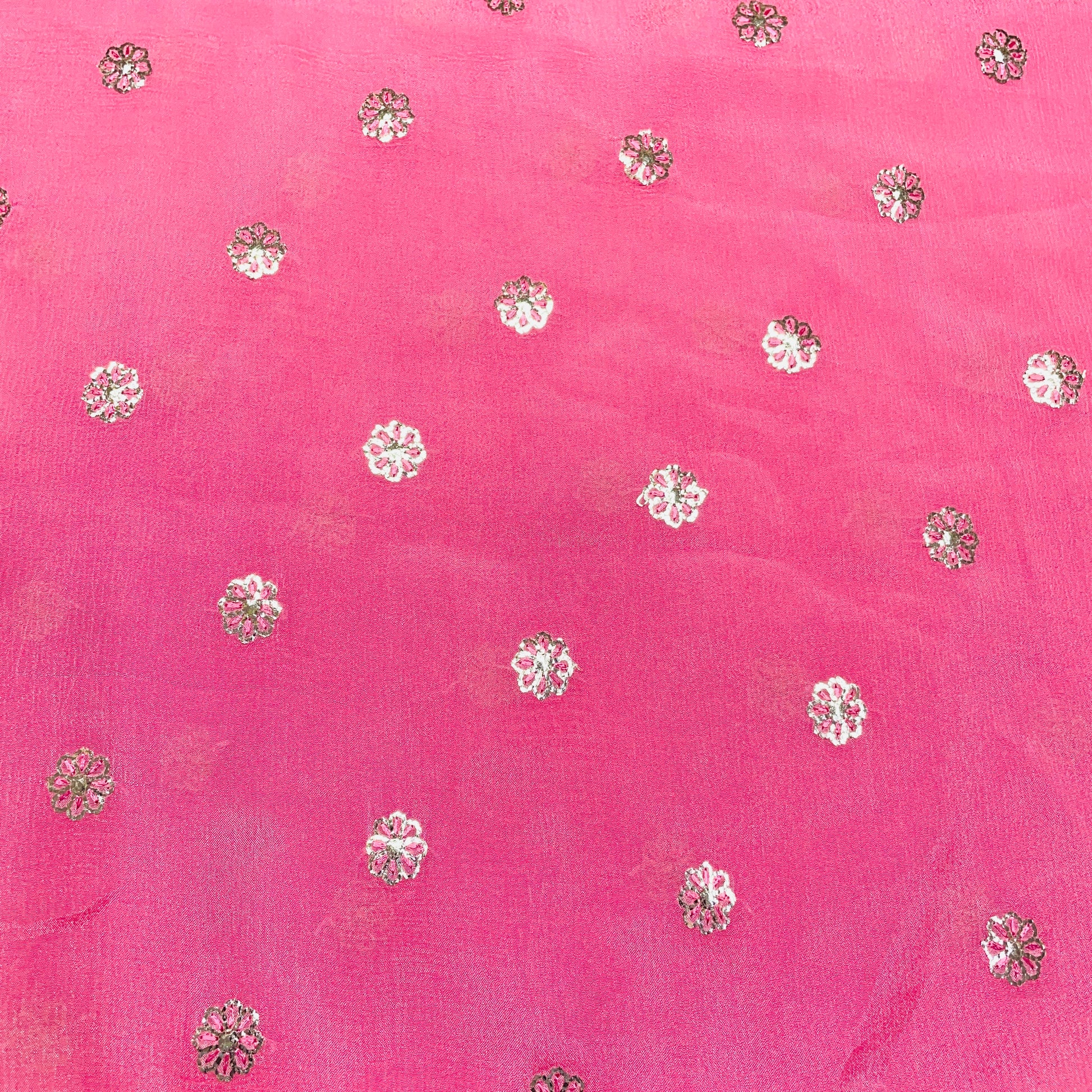 Pink & Silver Floral Sequence Thread Embroidery Chinnon Fabric - TradeUNO