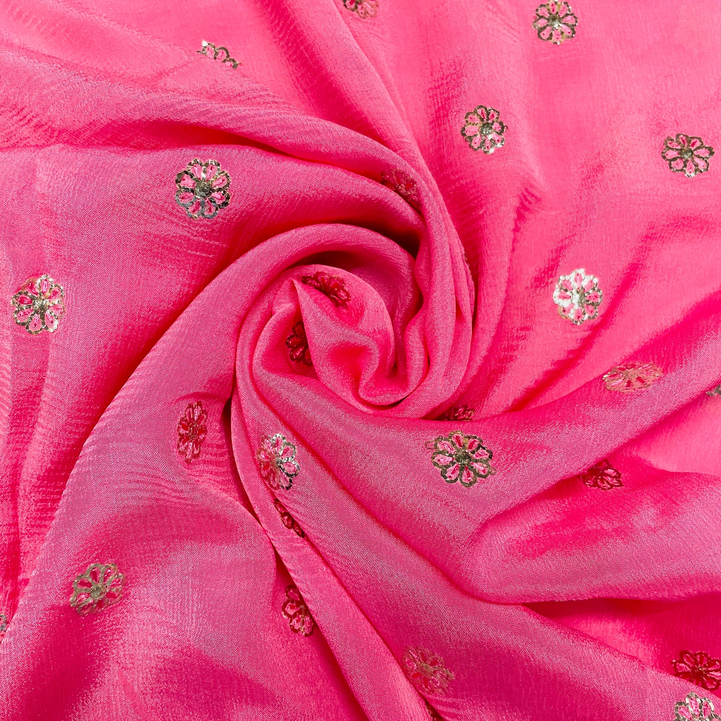 Pink & Silver Floral Sequence Thread Embroidery Chinnon Fabric - TradeUNO