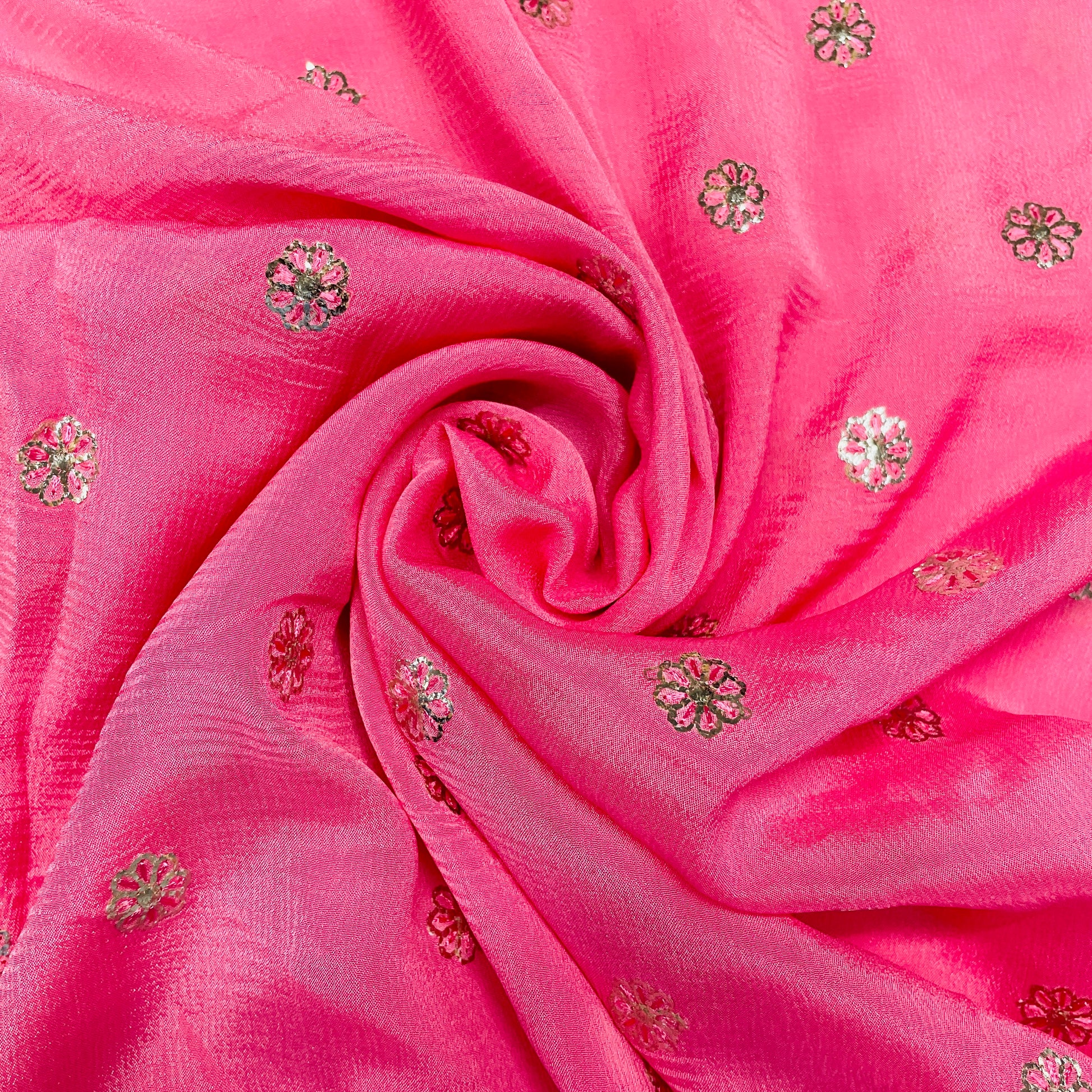 Pink & Silver Floral Sequence Thread Embroidery Chinnon Fabric - TradeUNO