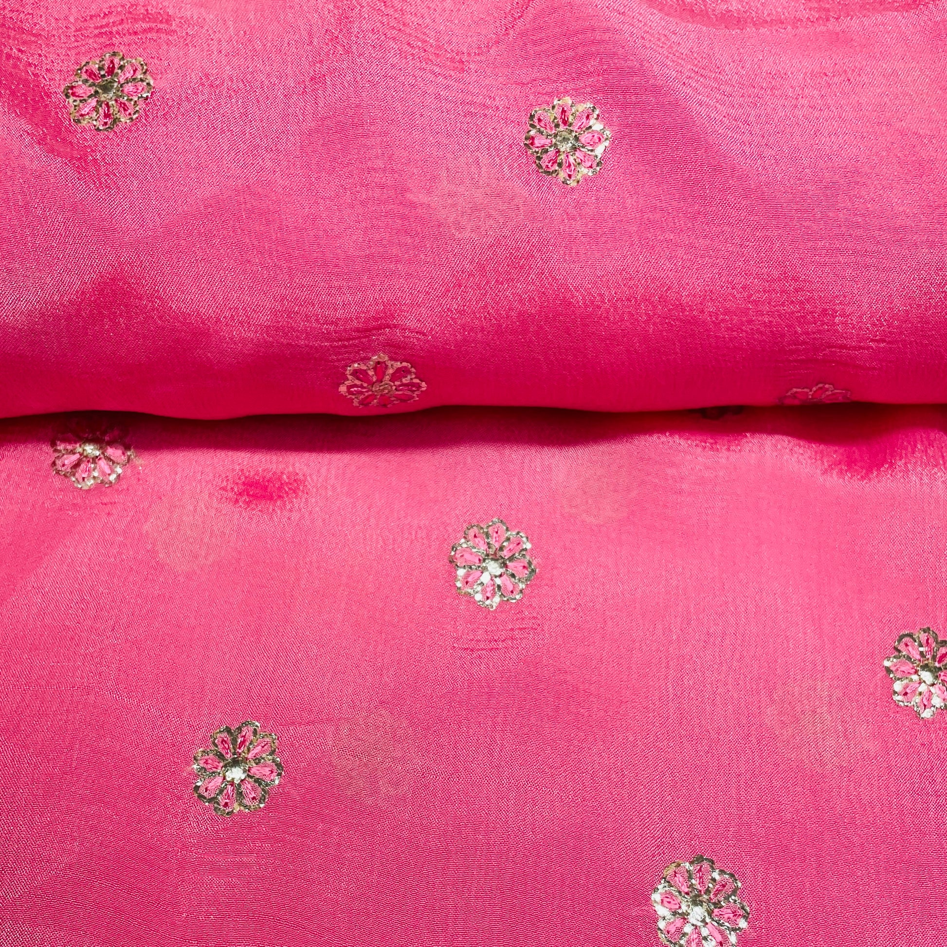 Pink & Silver Floral Sequence Thread Embroidery Chinnon Fabric - TradeUNO