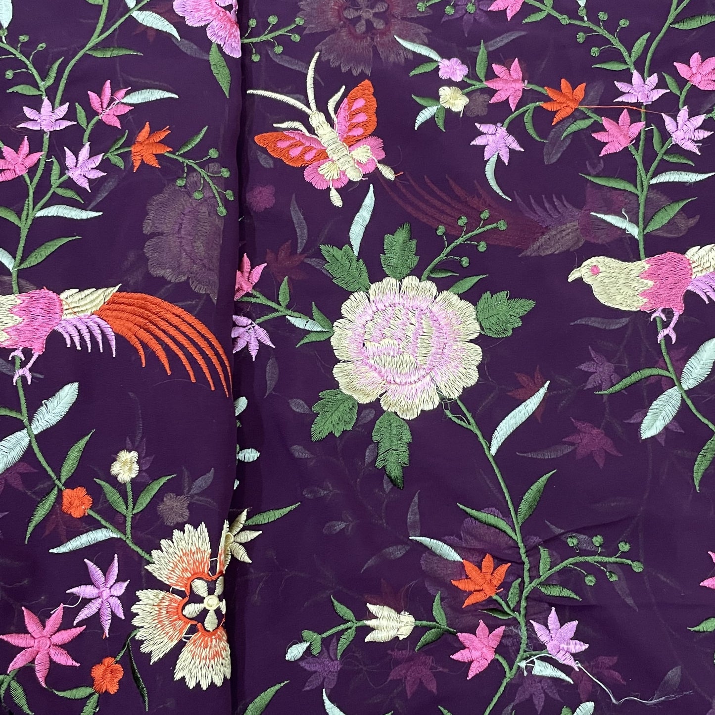 Classic Purple Parsi Gara Embroidery Georgette Fabric
