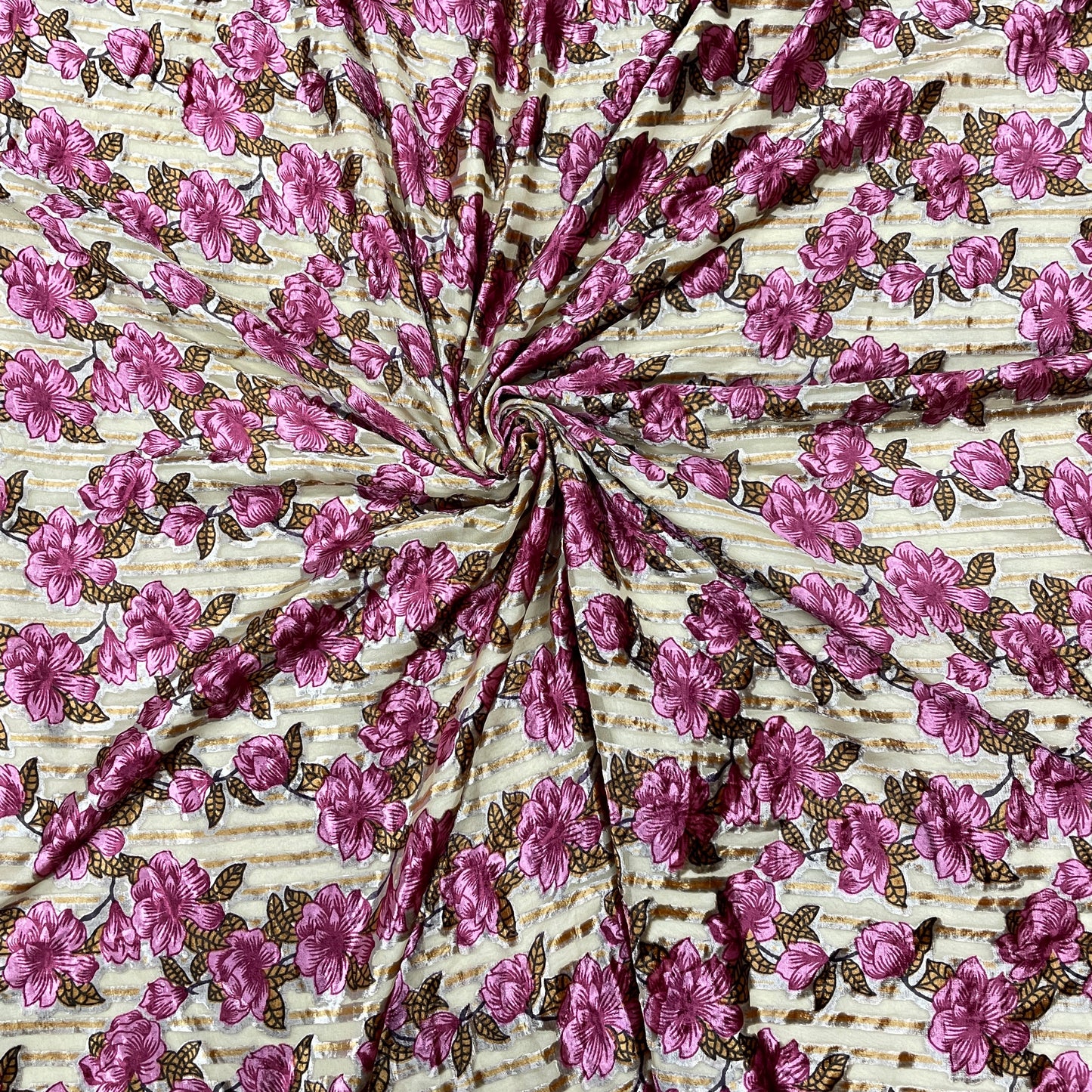 Brown & Pink Floral Brasso Velvet Fabric - TradeUNO