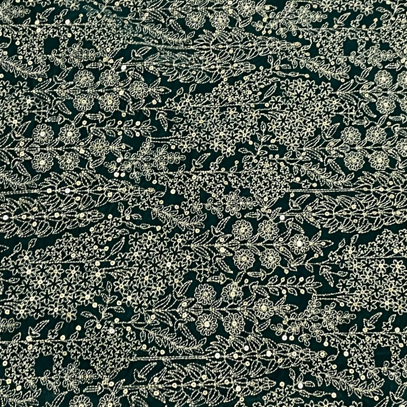 Classic Green Golden Zari Sequence Thread Embroidery Velvet  Fabric