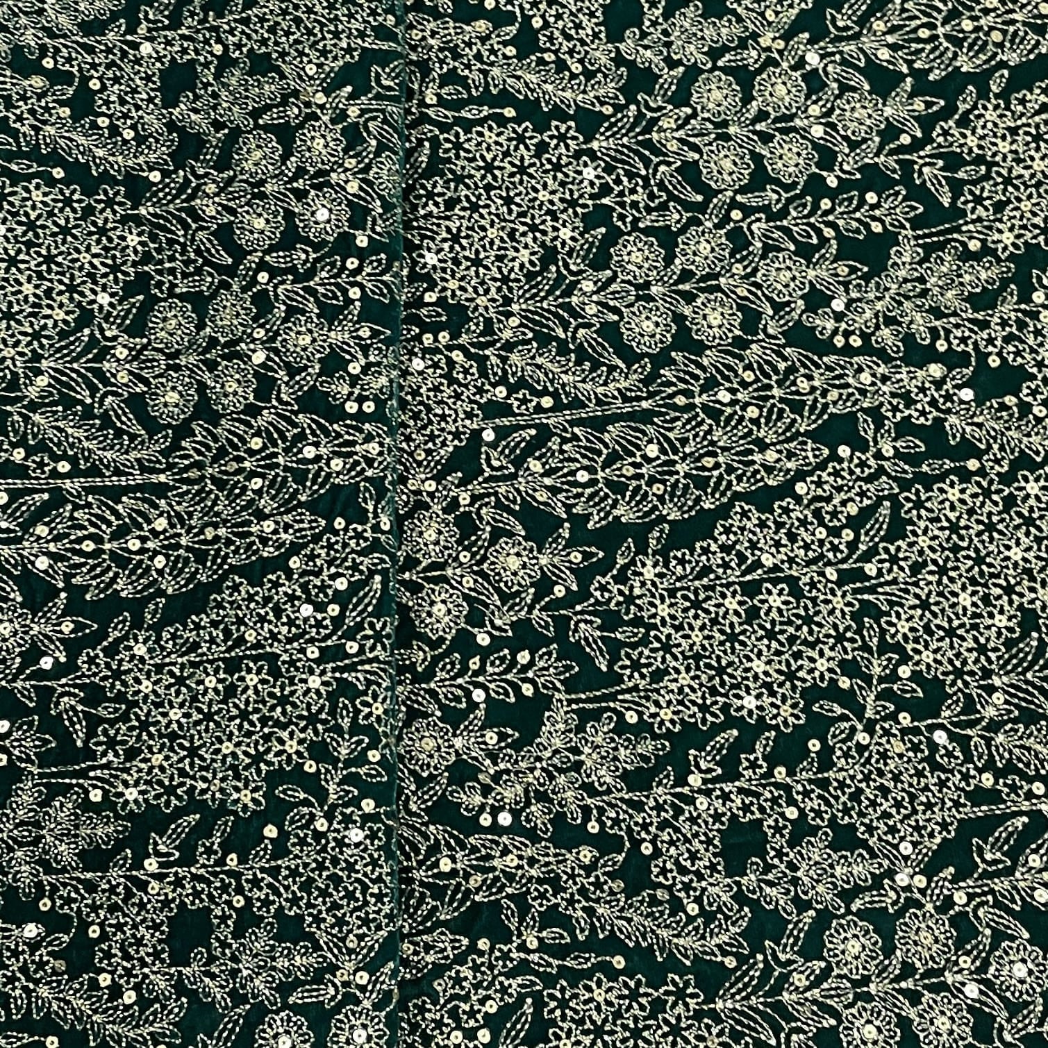 Classic Green Golden Zari Sequence Thread Embroidery Velvet  Fabric