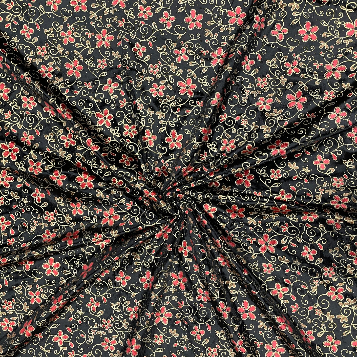 Black & Red Floral Printed Velvet Fabric - TradeUNO