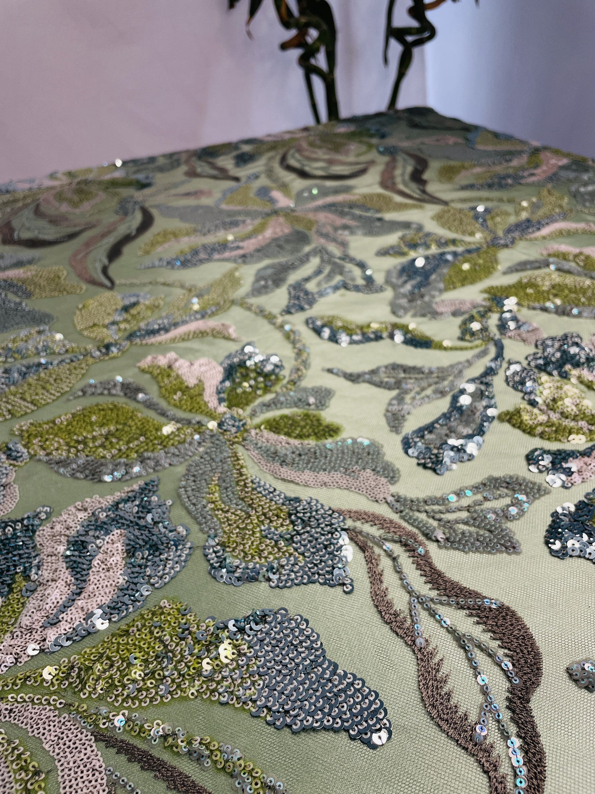 Premium Olive Green Floral Imported Heavy Sequins Net Fabric