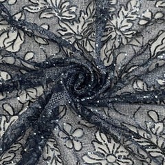 Classic Blue Floral Sequence Embroidery Net Fabric