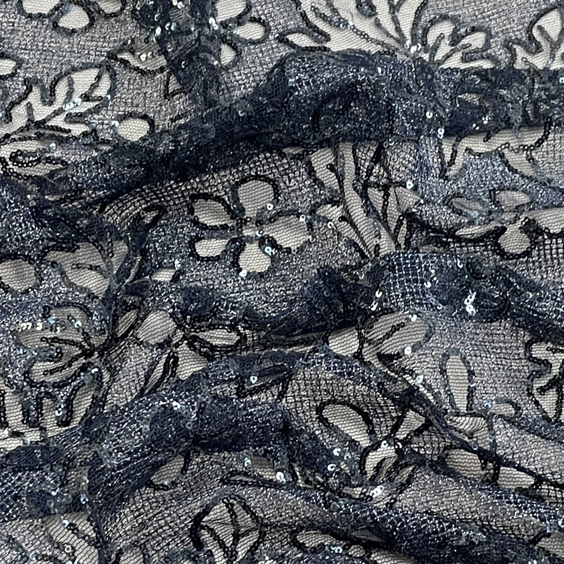 Classic Blue Floral Sequence Embroidery Net Fabric