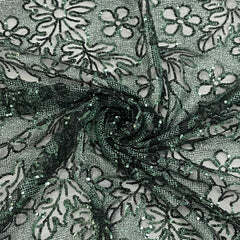 Classic Green Floral Sequence Embroidery Net Fabric