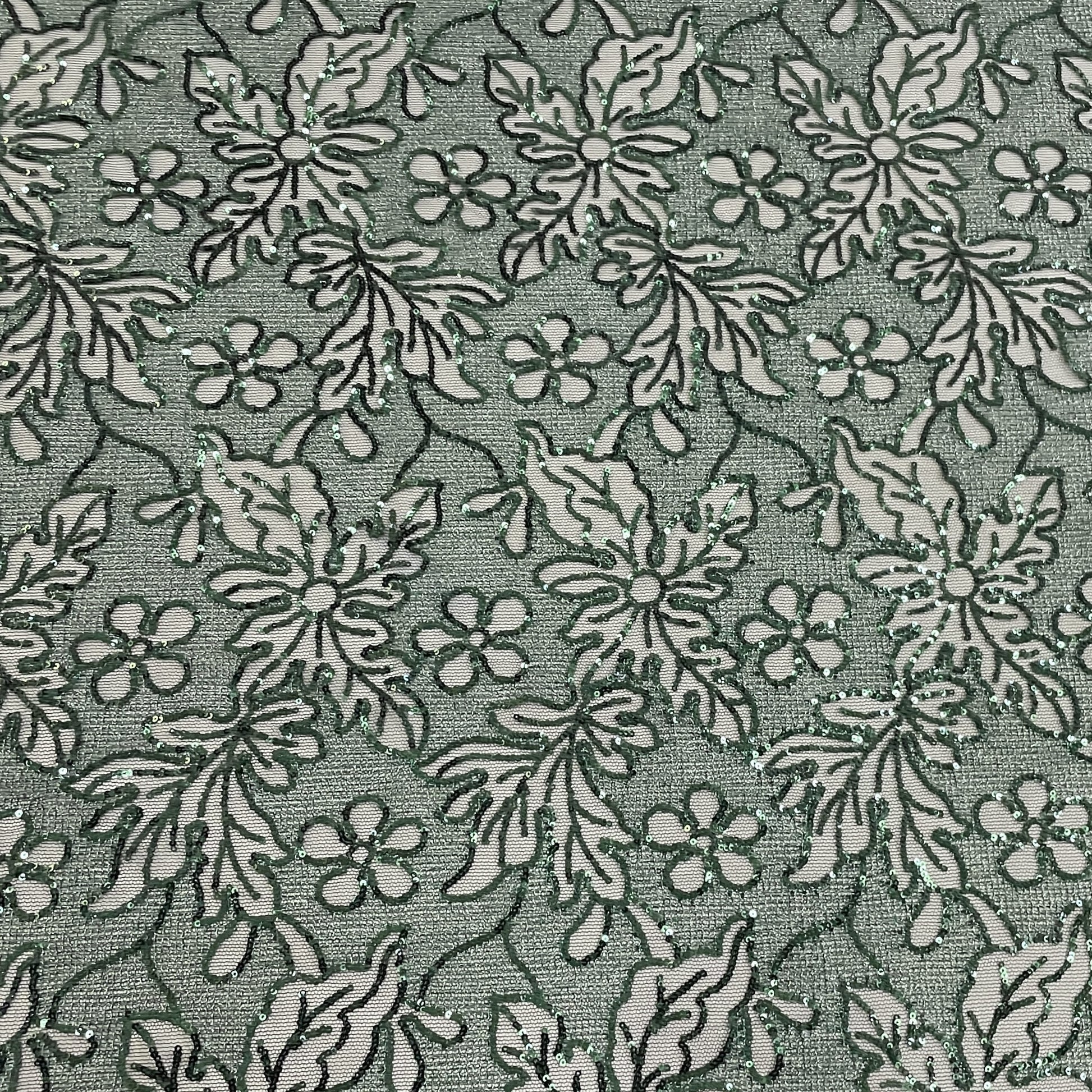 Classic Green Floral Sequence Embroidery Net Fabric