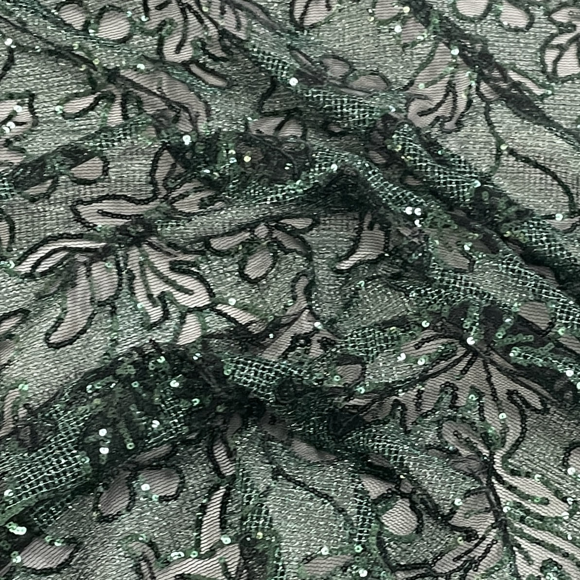 Classic Green Floral Sequence Embroidery Net Fabric