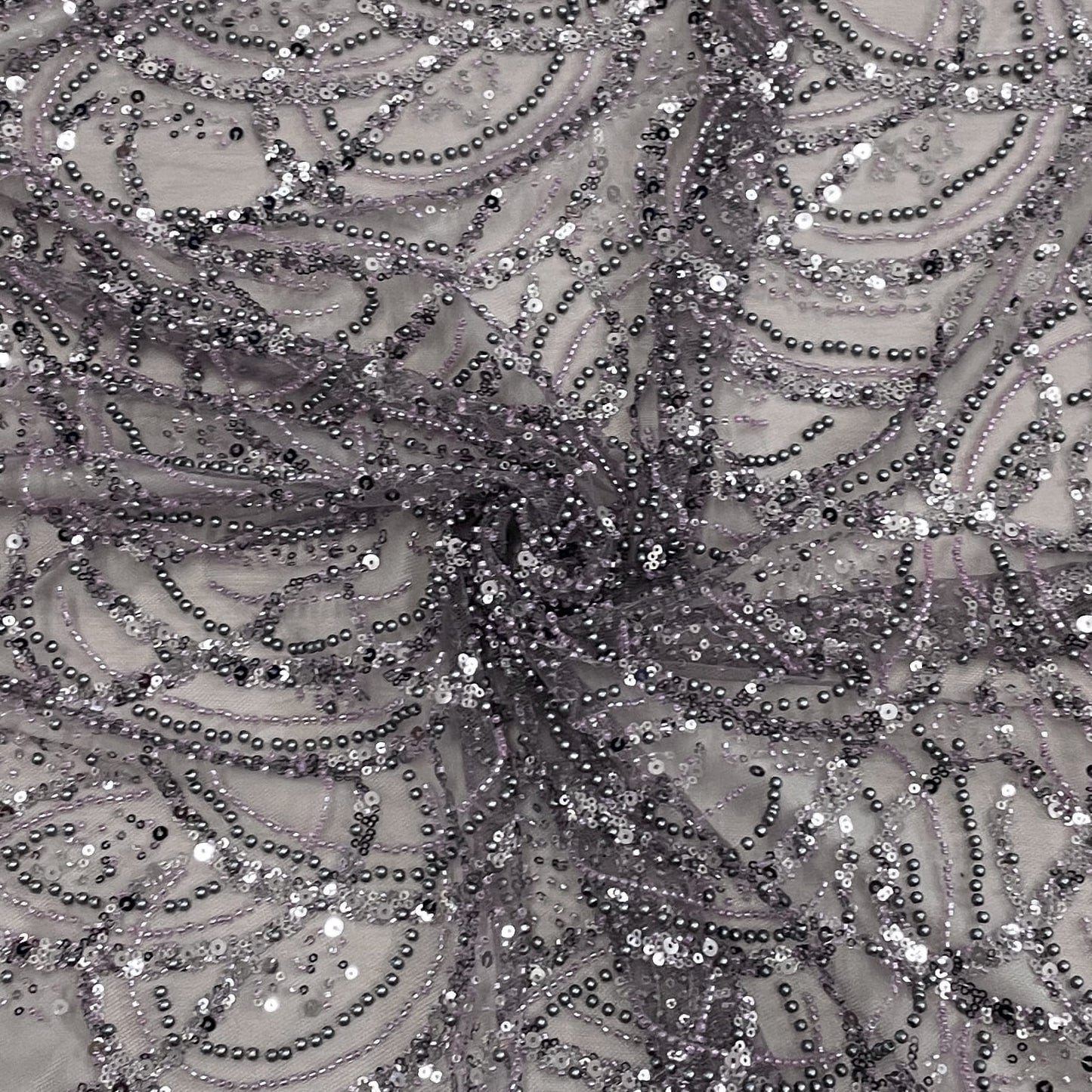 Classic Eggplant Purple Pearl Sequence Embroidery Net Fabric