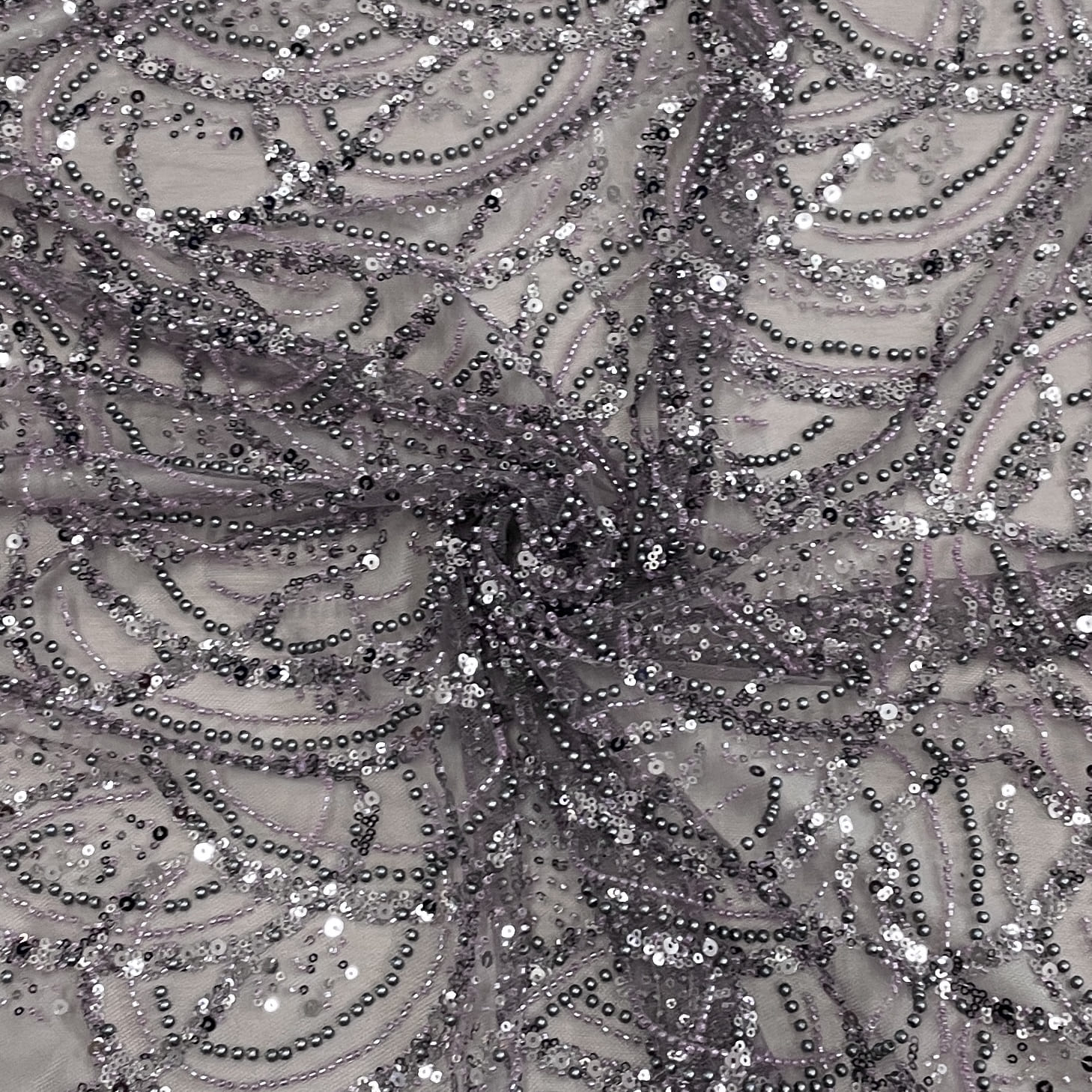 Classic Eggplant Purple Pearl Sequence Embroidery Net Fabric