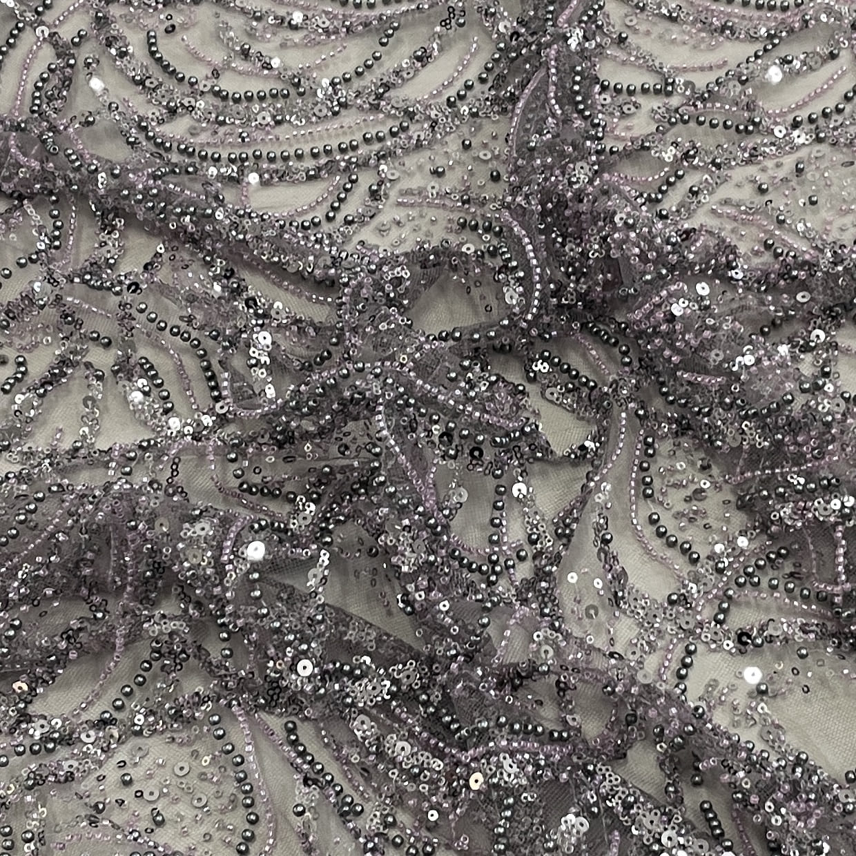 Classic Eggplant Purple Pearl Sequence Embroidery Net Fabric