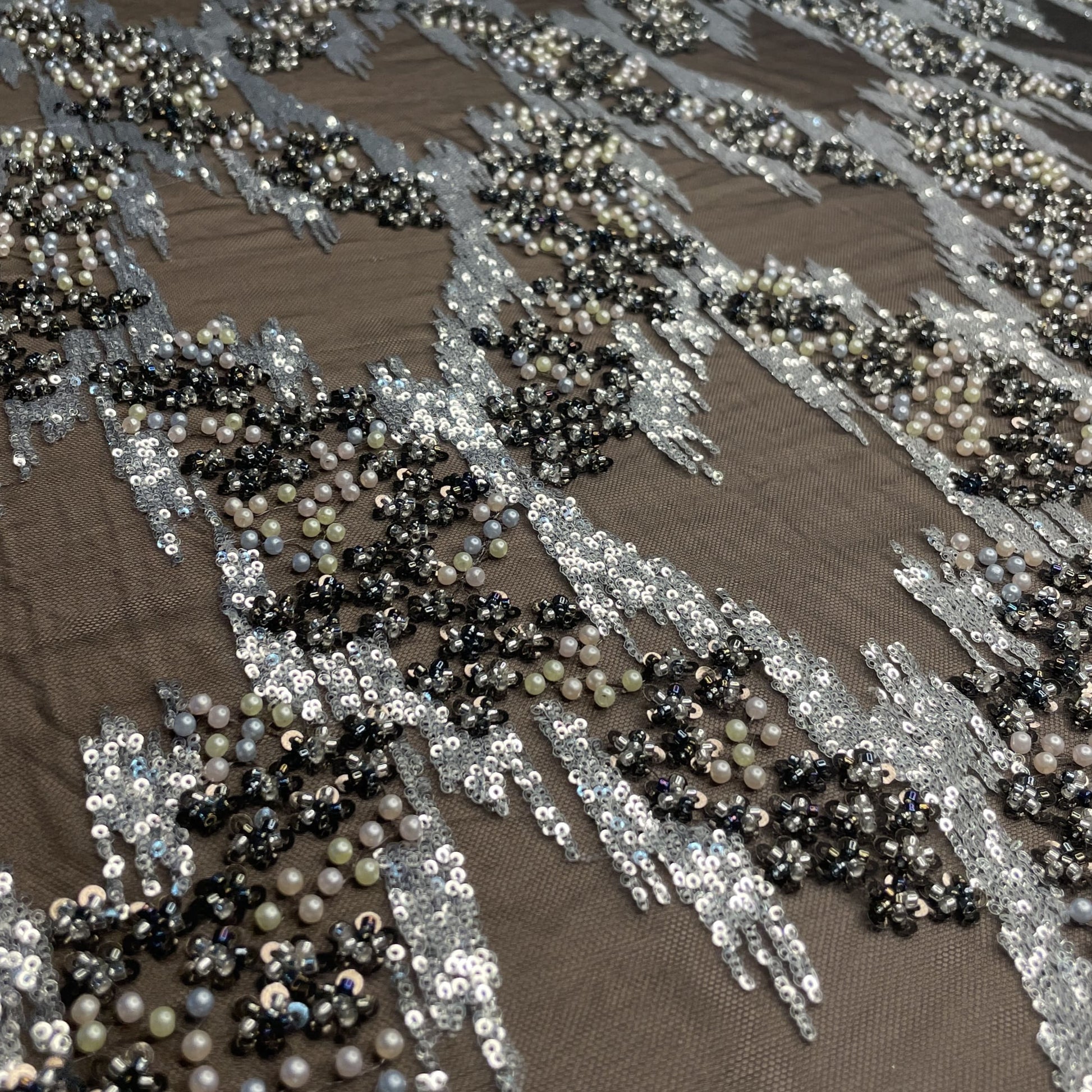 Premium Brown Abstract Pearl Imported CutDana Handcrafted Net Fabric