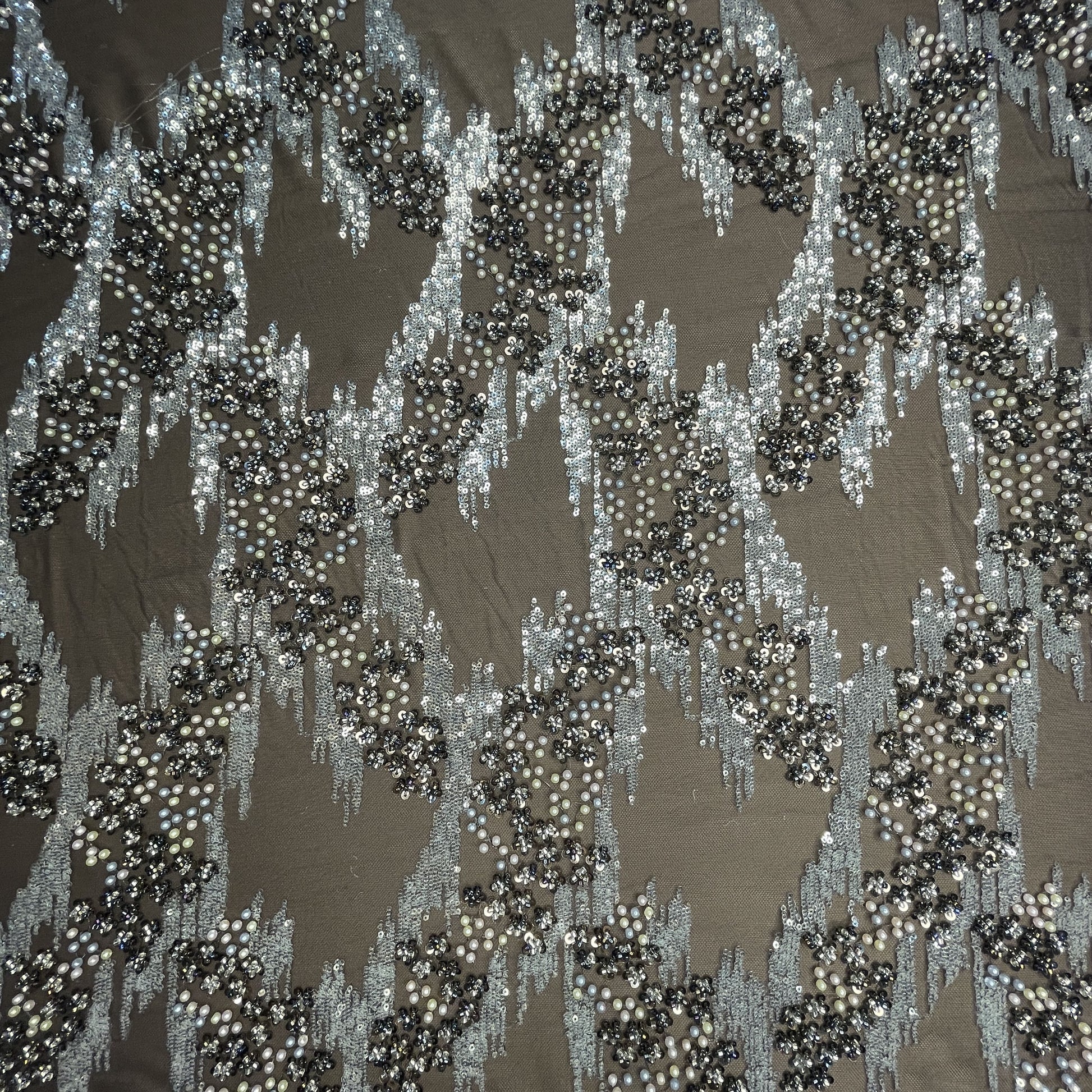 Premium Brown Abstract Pearl Imported CutDana Handcrafted Net Fabric