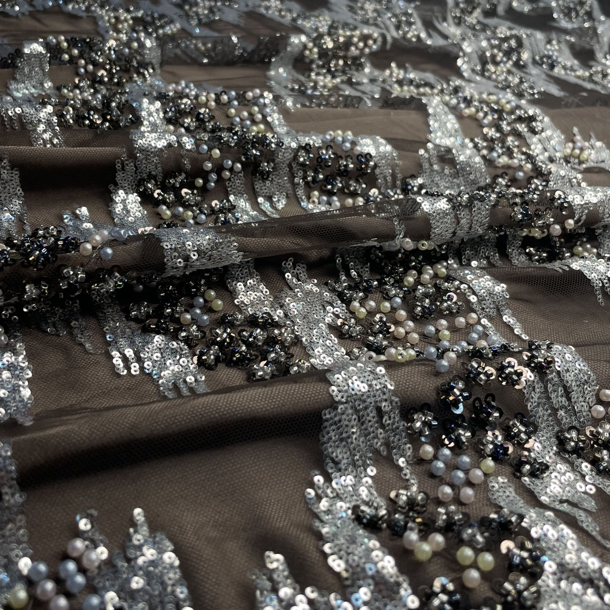 Premium Brown Abstract Pearl Imported CutDana Handcrafted Net Fabric