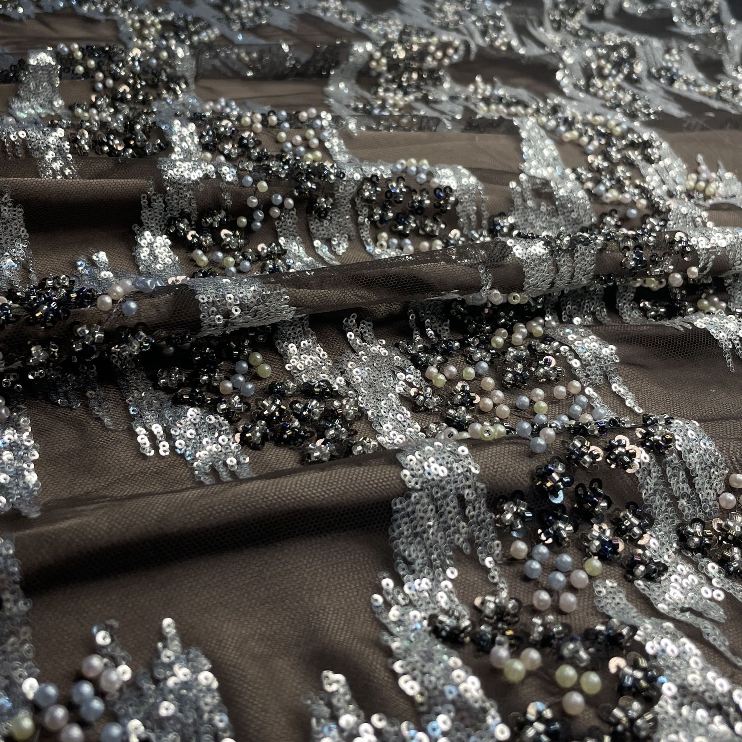 Premium Brown Abstract Pearl Imported CutDana Handcrafted Net Fabric
