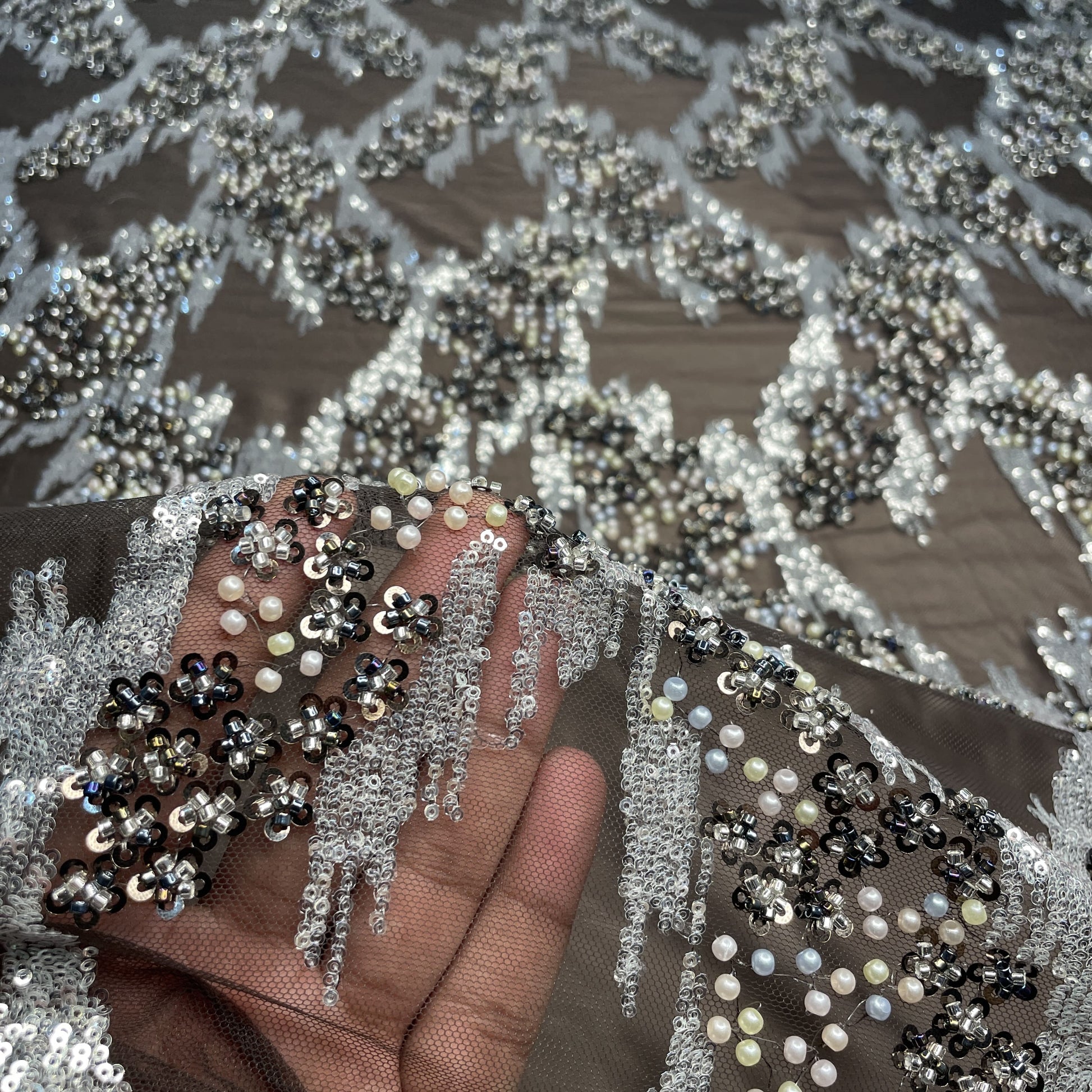 Premium Brown Abstract Pearl Imported CutDana Handcrafted Net Fabric