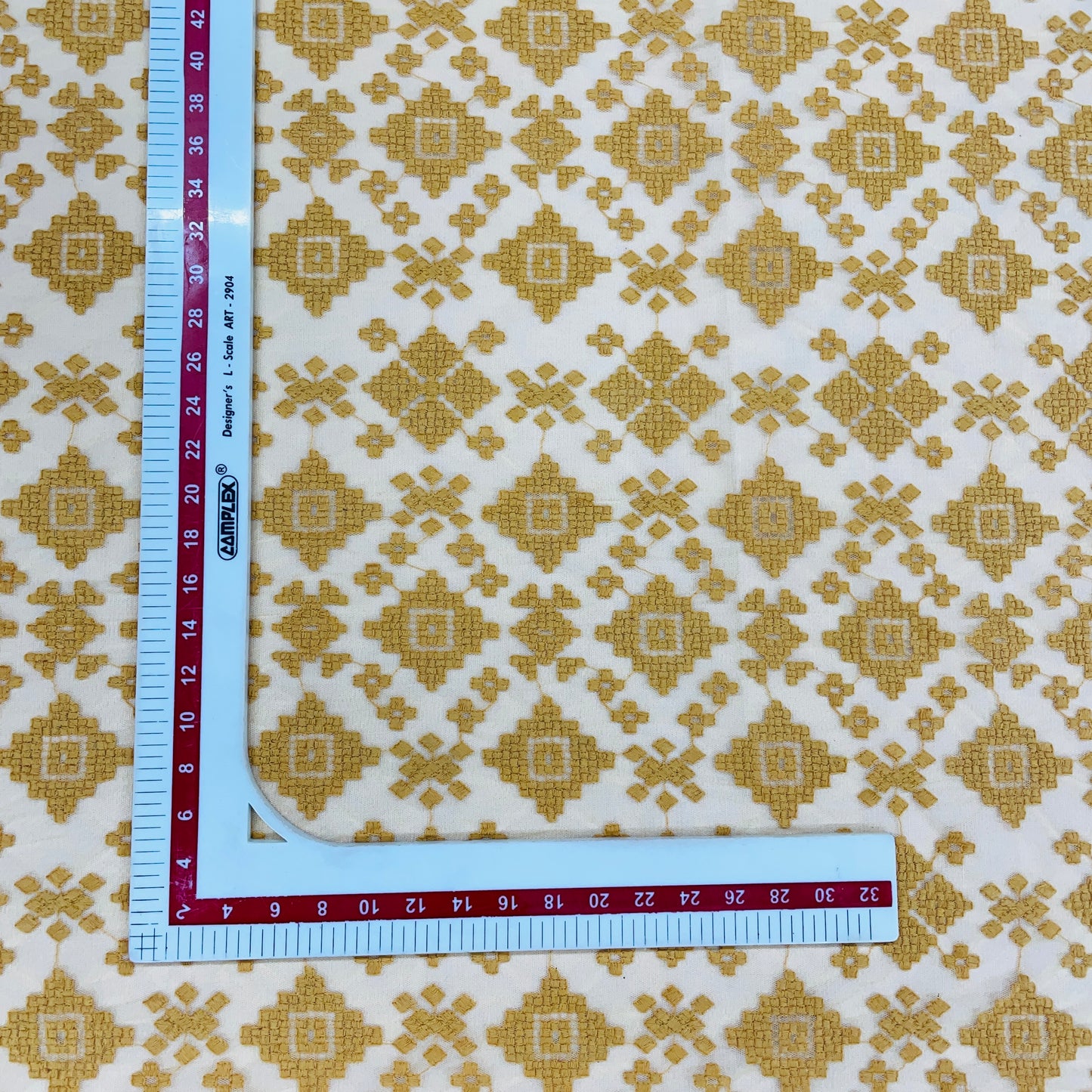 Mustard Yellow Geometrical Embroidery Lace Fabric - TradeUNO
