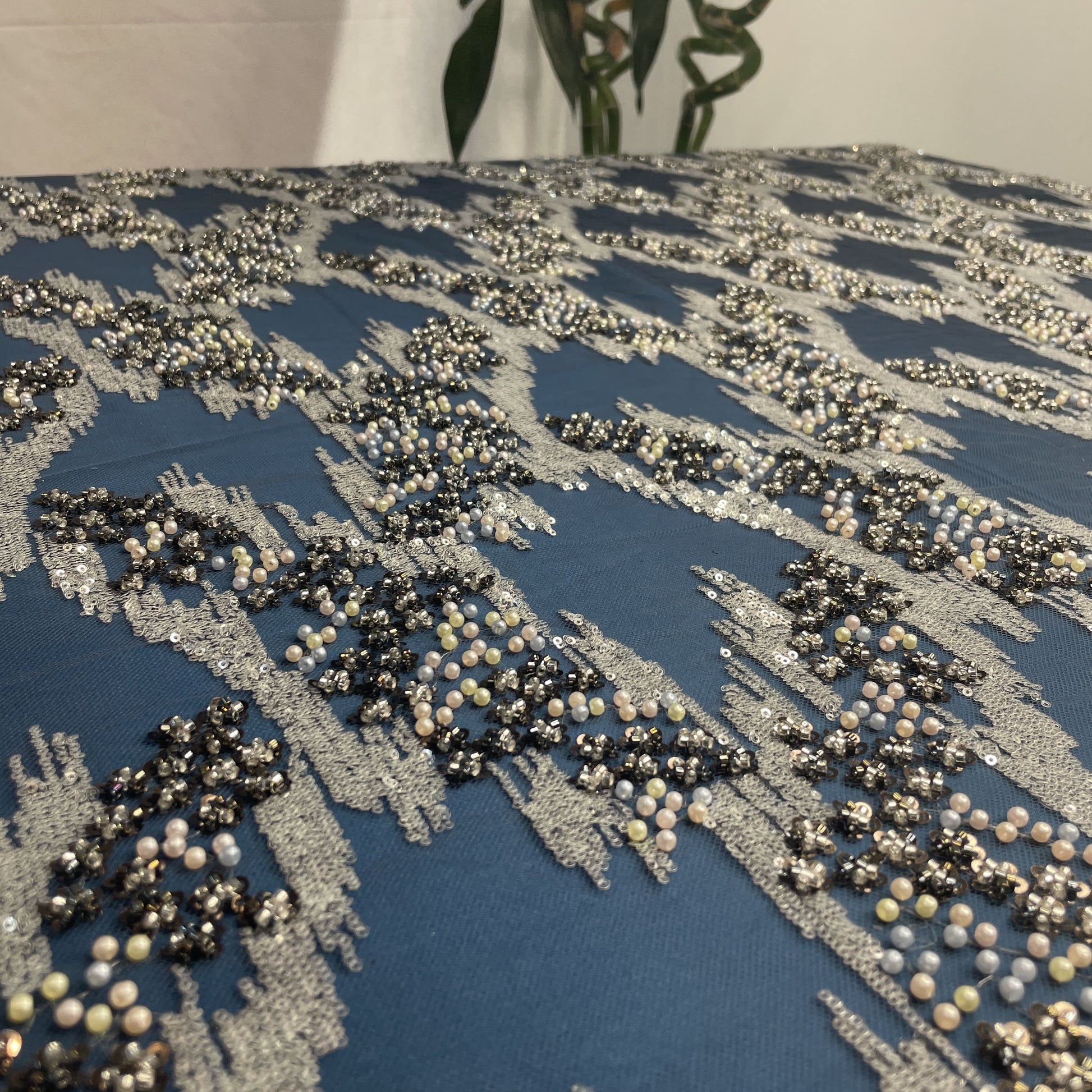 Premium Steel Blue Abstract Pearl Imported CutDana Handcrafted Net Fabric