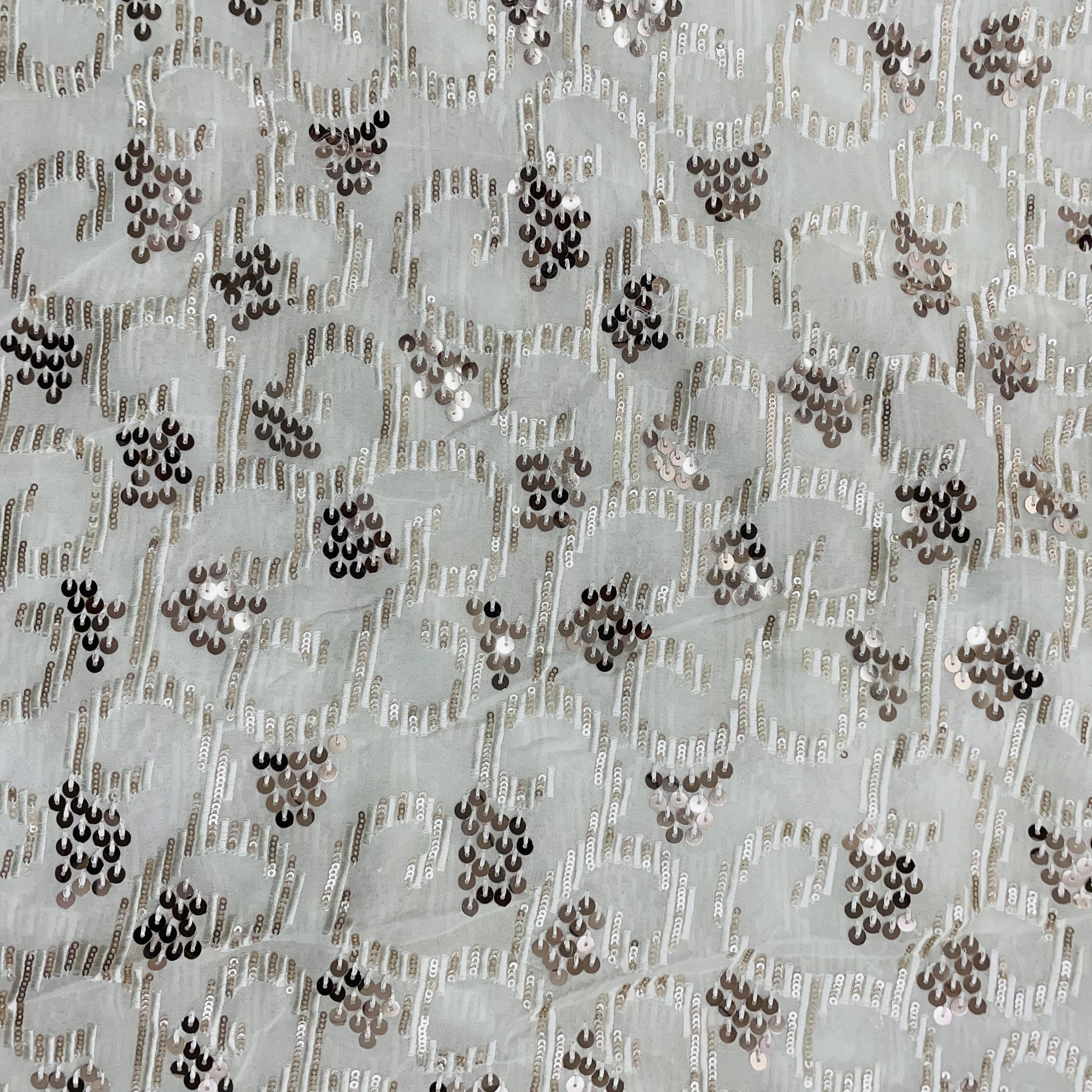 White With Bronze And Gold Embroidery Sequence Dyeable Georgette Fabric - TradeUNO