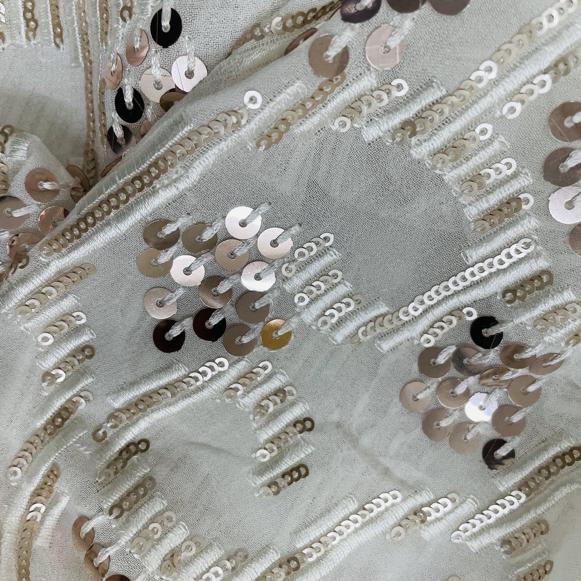 White With Bronze And Gold Embroidery Sequence Dyeable Georgette Fabric - TradeUNO