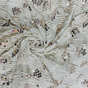 White With Bronze And Gold Embroidery Sequence Dyeable Georgette Fabric - TradeUNO