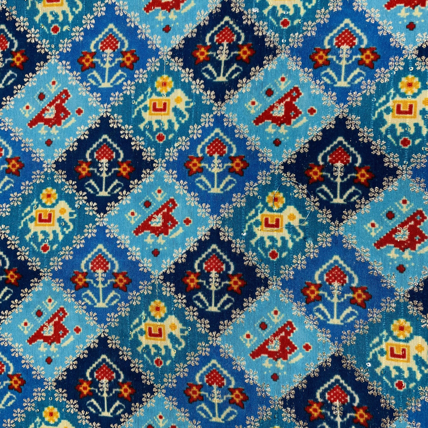 Blue ikkat patola with gold foil Chanderi Jacquard Fabric - TradeUNO