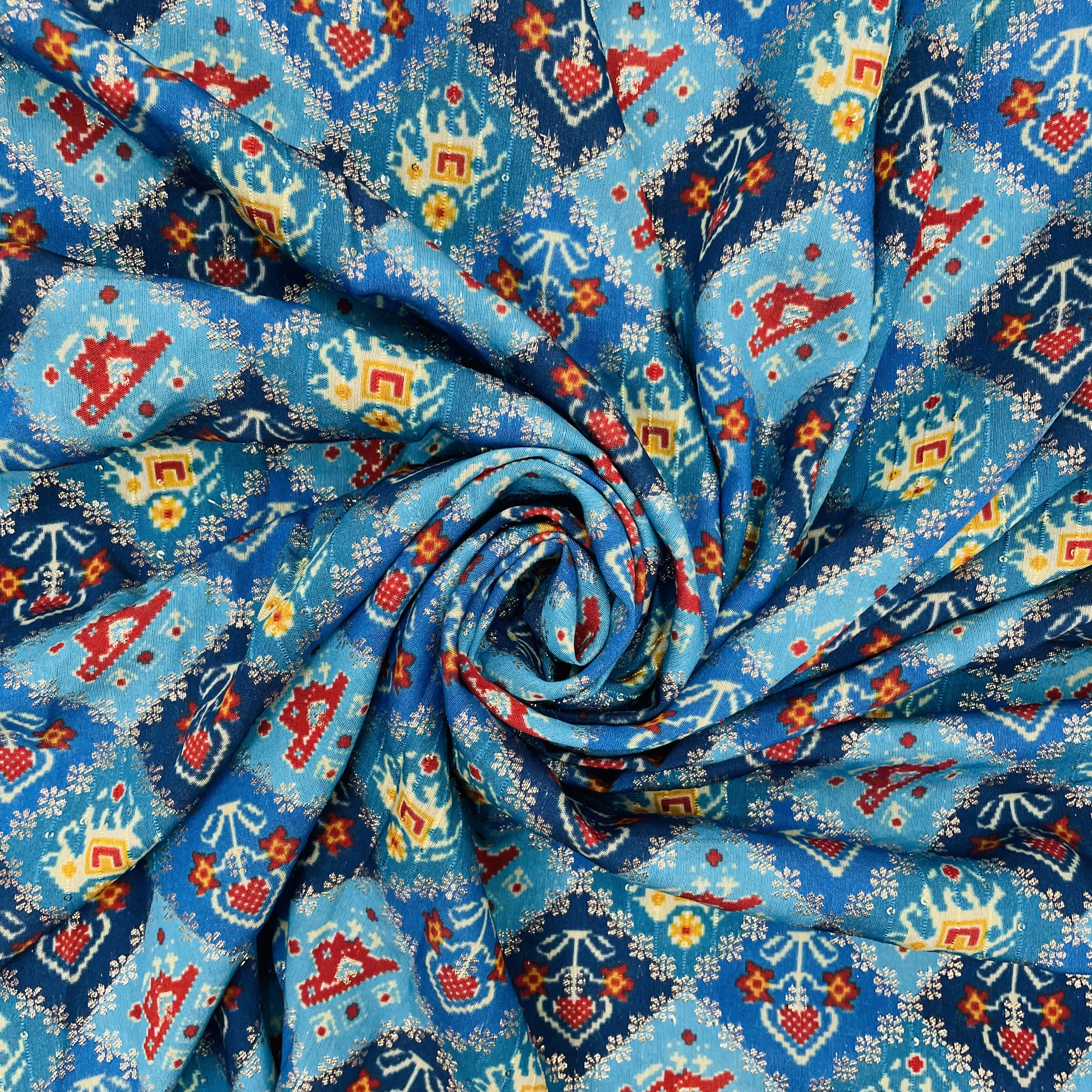 Blue ikkat patola with gold foil Chanderi Jacquard Fabric - TradeUNO