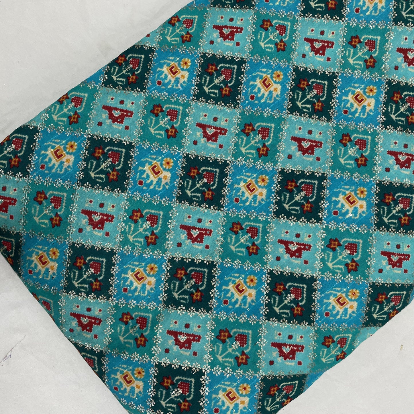 Sea Blue Ikat Patola With Gold Foil Chanderi Jacquard - TradeUNO