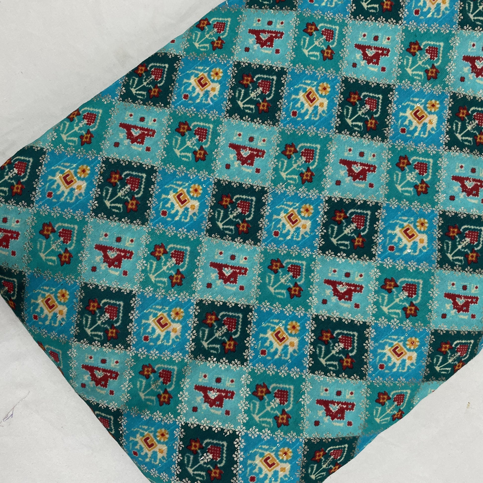 Sea Blue Ikat Patola With Gold Foil Chanderi Jacquard - TradeUNO