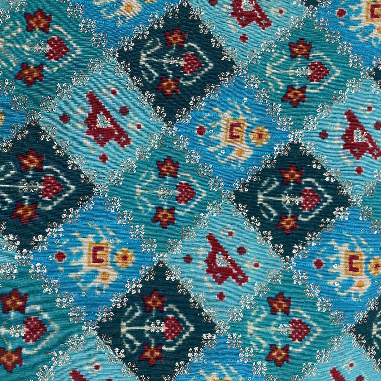 Sea Blue Ikat Patola With Gold Foil Chanderi Jacquard - TradeUNO