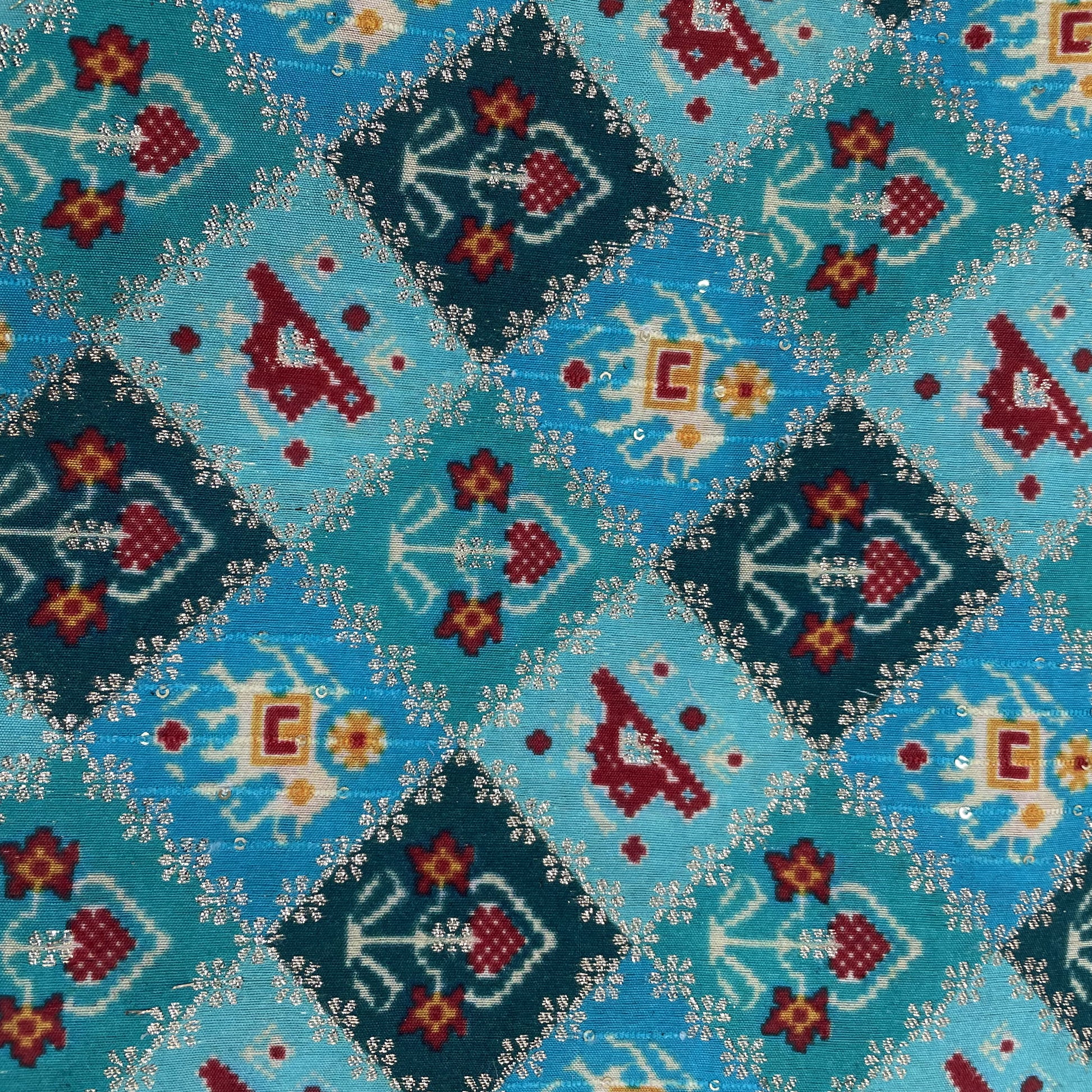 Sea Blue Ikat Patola With Gold Foil Chanderi Jacquard - TradeUNO