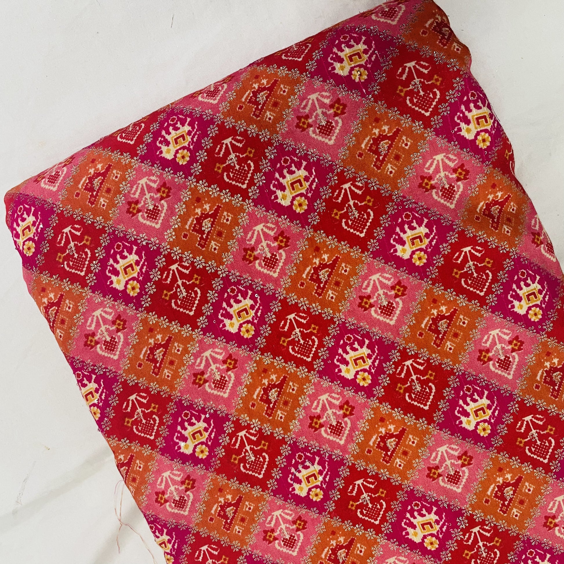 Pink And Red Ikat Patola With Gold Foil Chanderi Jacquard - TradeUNO