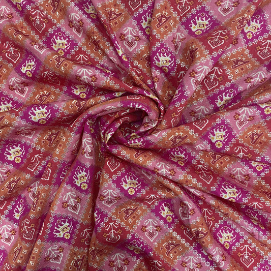 Pink And Red Ikat Patola With Gold Foil Chanderi Jacquard Fabric