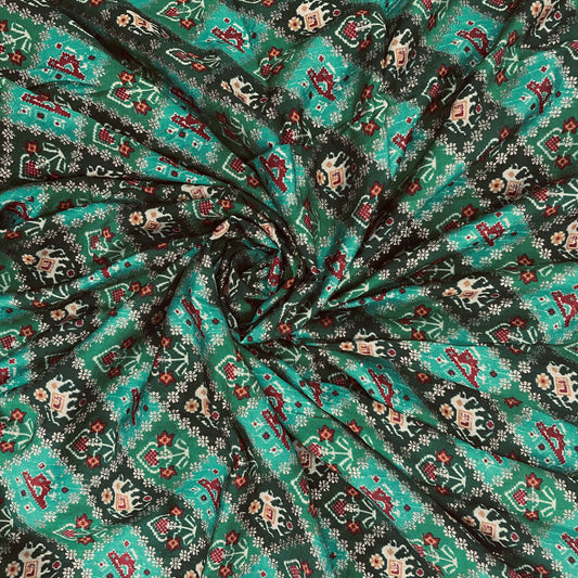 Green Ikat Patola With Dold Foil Chanderi Jacquard Fabric