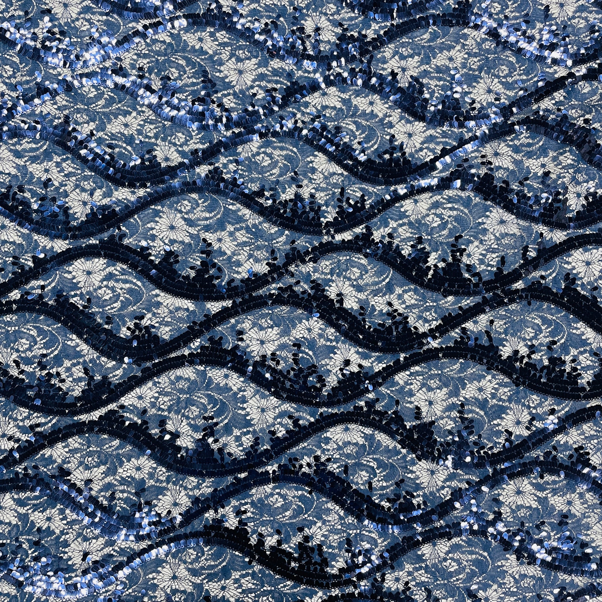 Navy Blue Lace Embroidery Sequence Net Fabric - TradeUNO