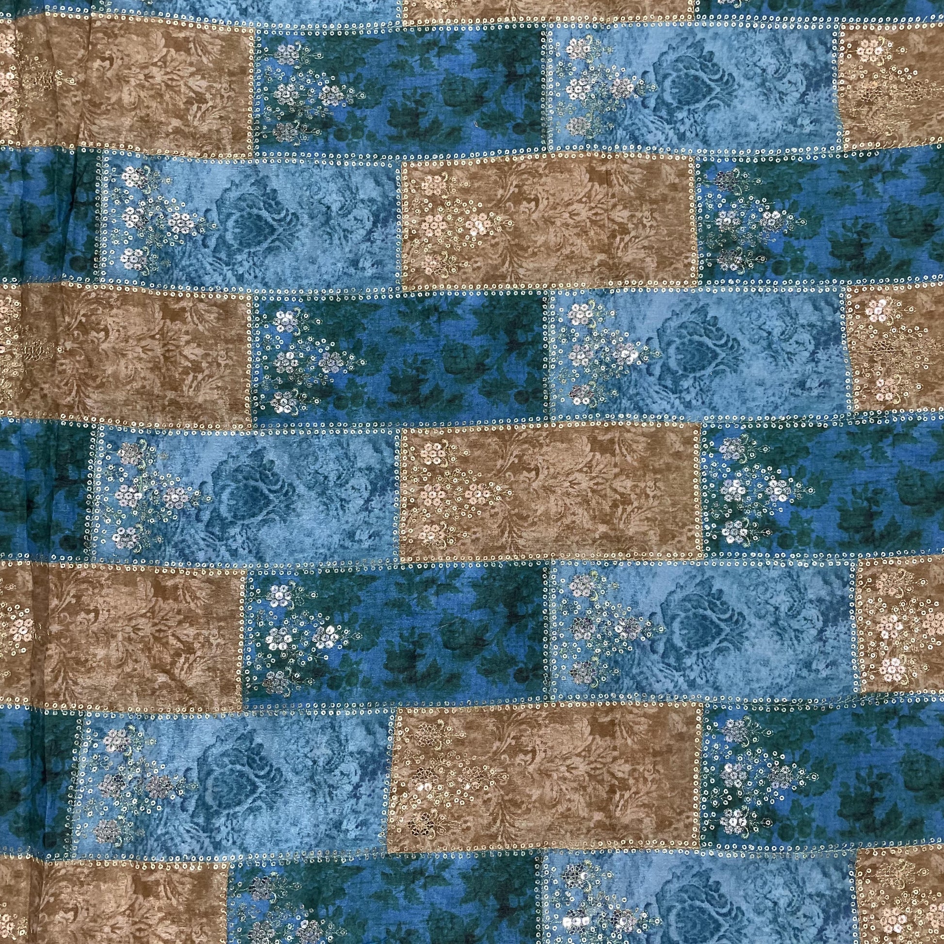 Sky Blue With Brown Floral Embroidery Sequence Chinnon - TradeUNO